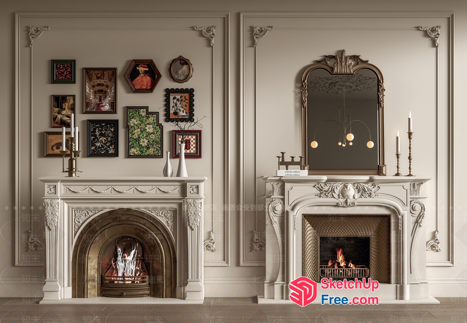 Ornate Fireplace Mantels And Classic White Wall Decor 3D SketchUp File
