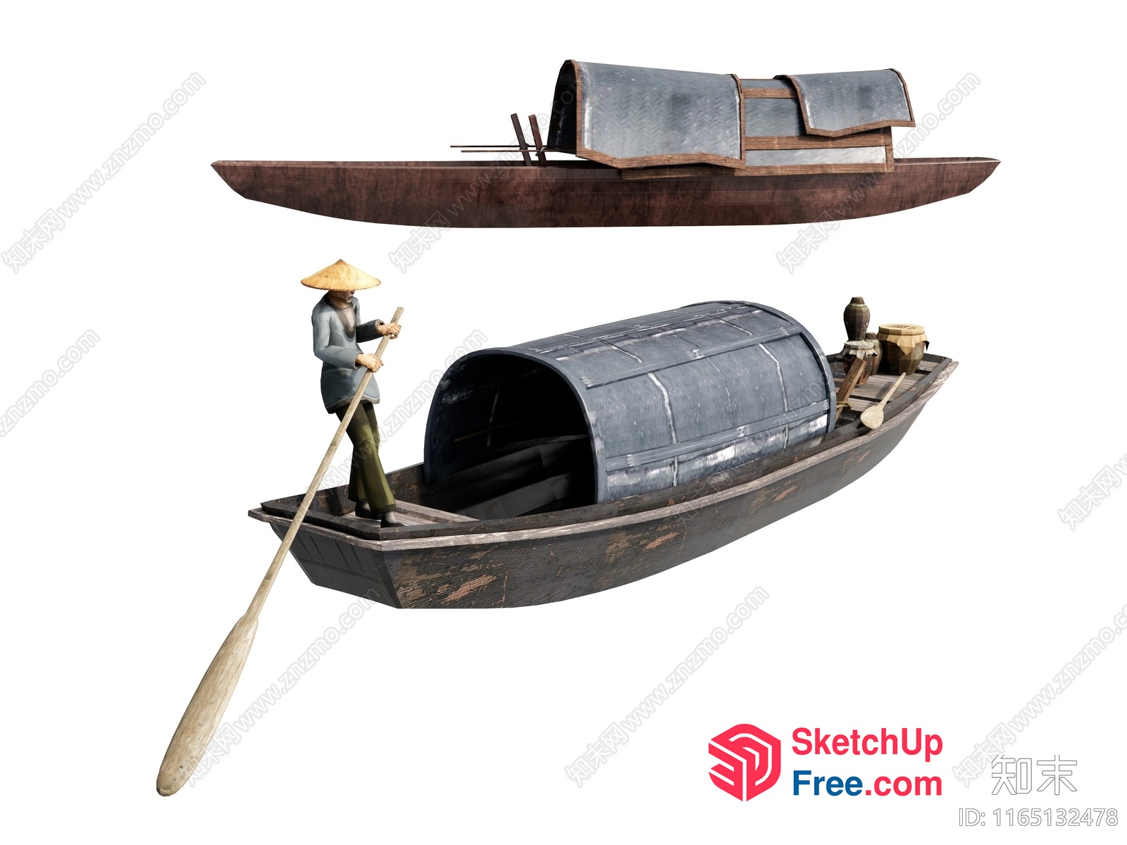 Old Wooden Boat With A Man Rowing 3D SketchUp File