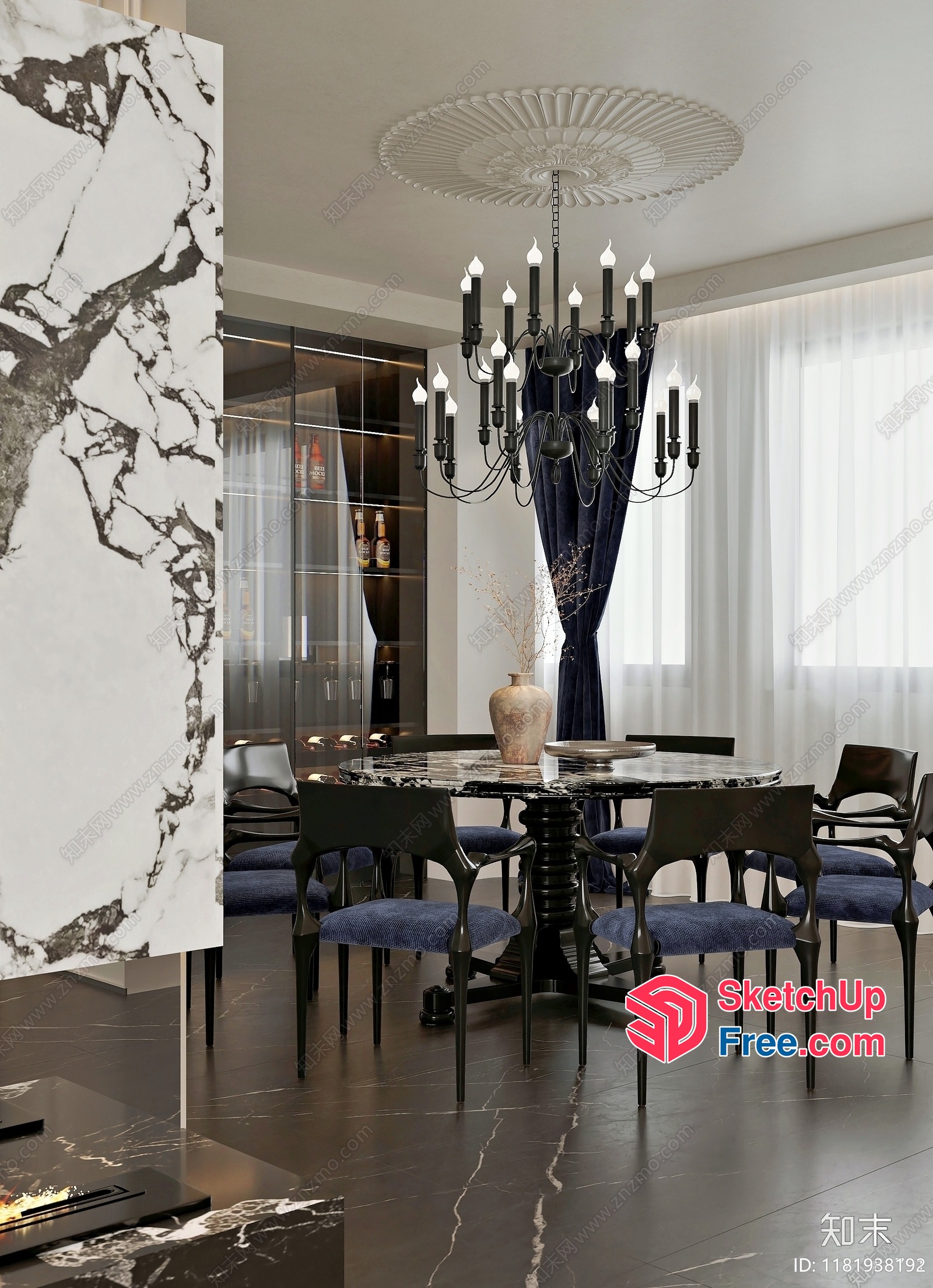 Elegant Black And White Marble Dining Room Interior 3D SketchUp File
