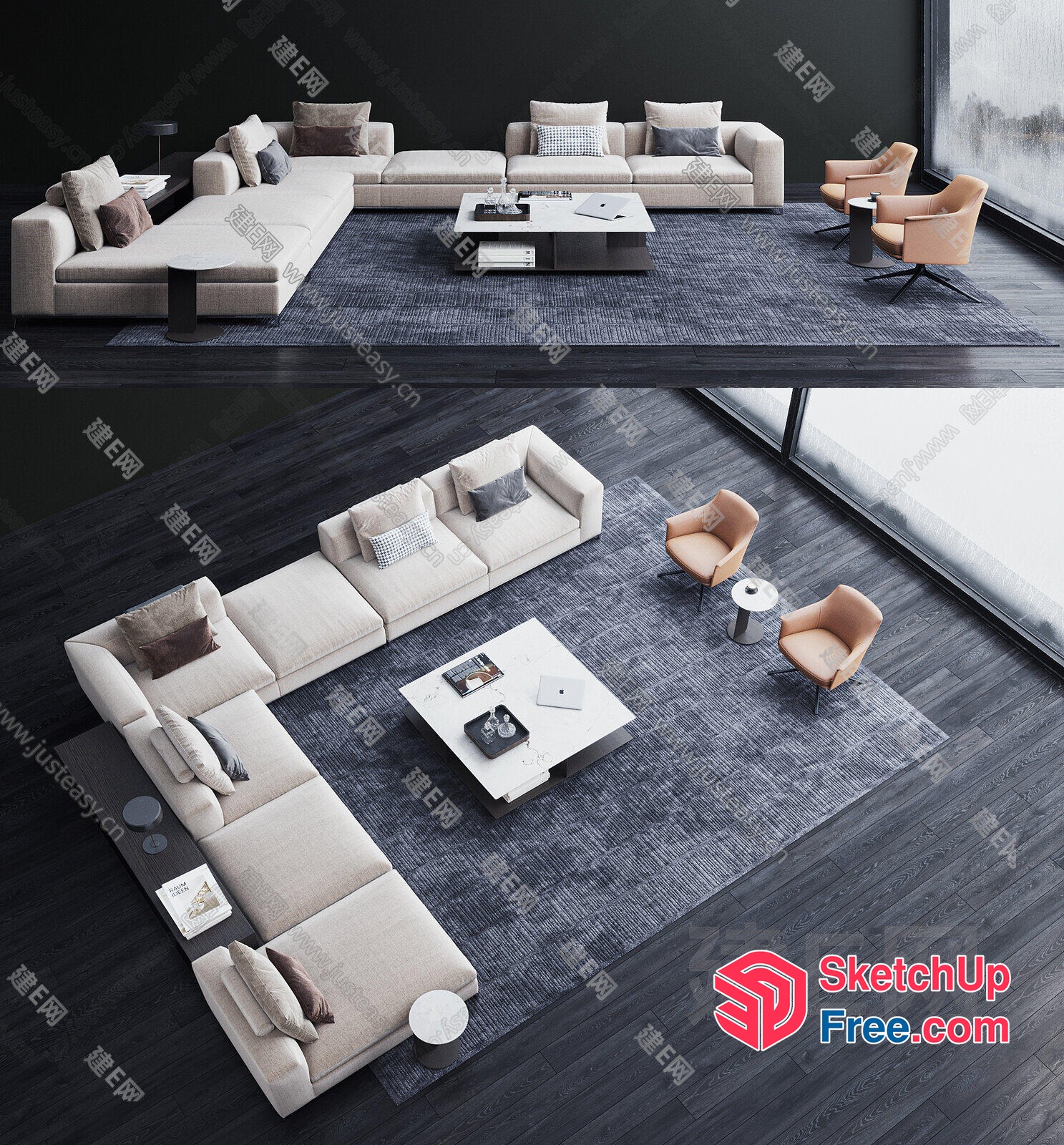 Modern Minimalist Living Room With Large Window And Dark Wood Floor 3D SketchUp File
