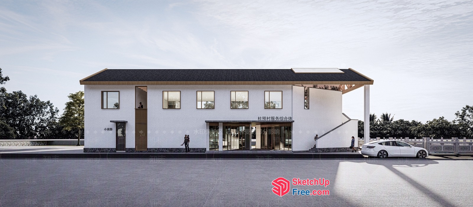 Two-Story Building With Modern Design And Flat Roof 3D SketchUp File