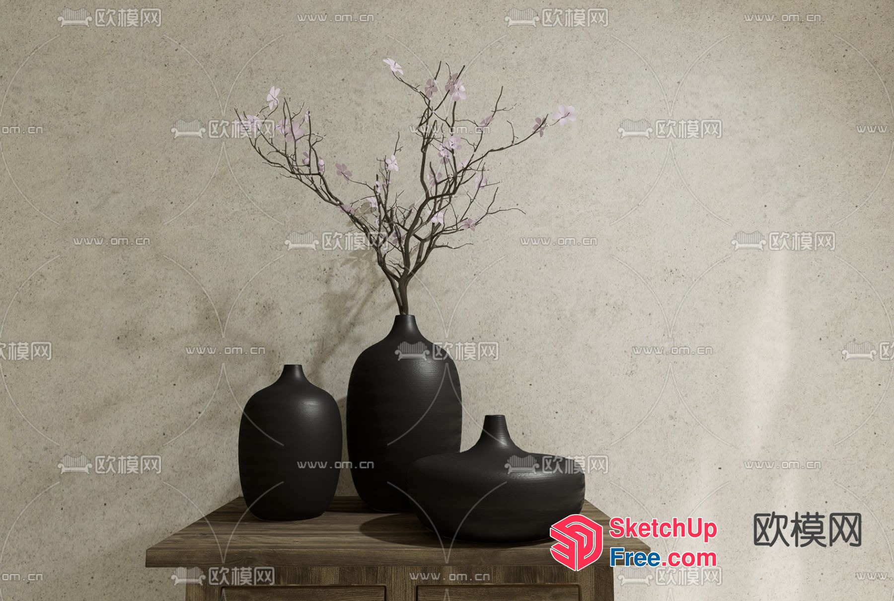 Black Vases With Branches And Pink Flowers 3D SketchUp File