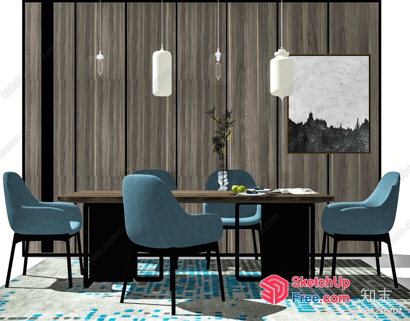 Modern Dining Room With Blue Chairs And Wooden Table 3D SketchUp File