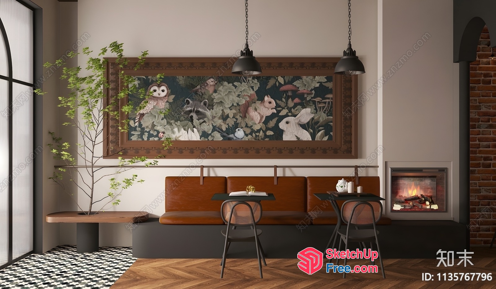 Cozy Dining Area With Fireplace And Unique Artwork 3D SketchUp File