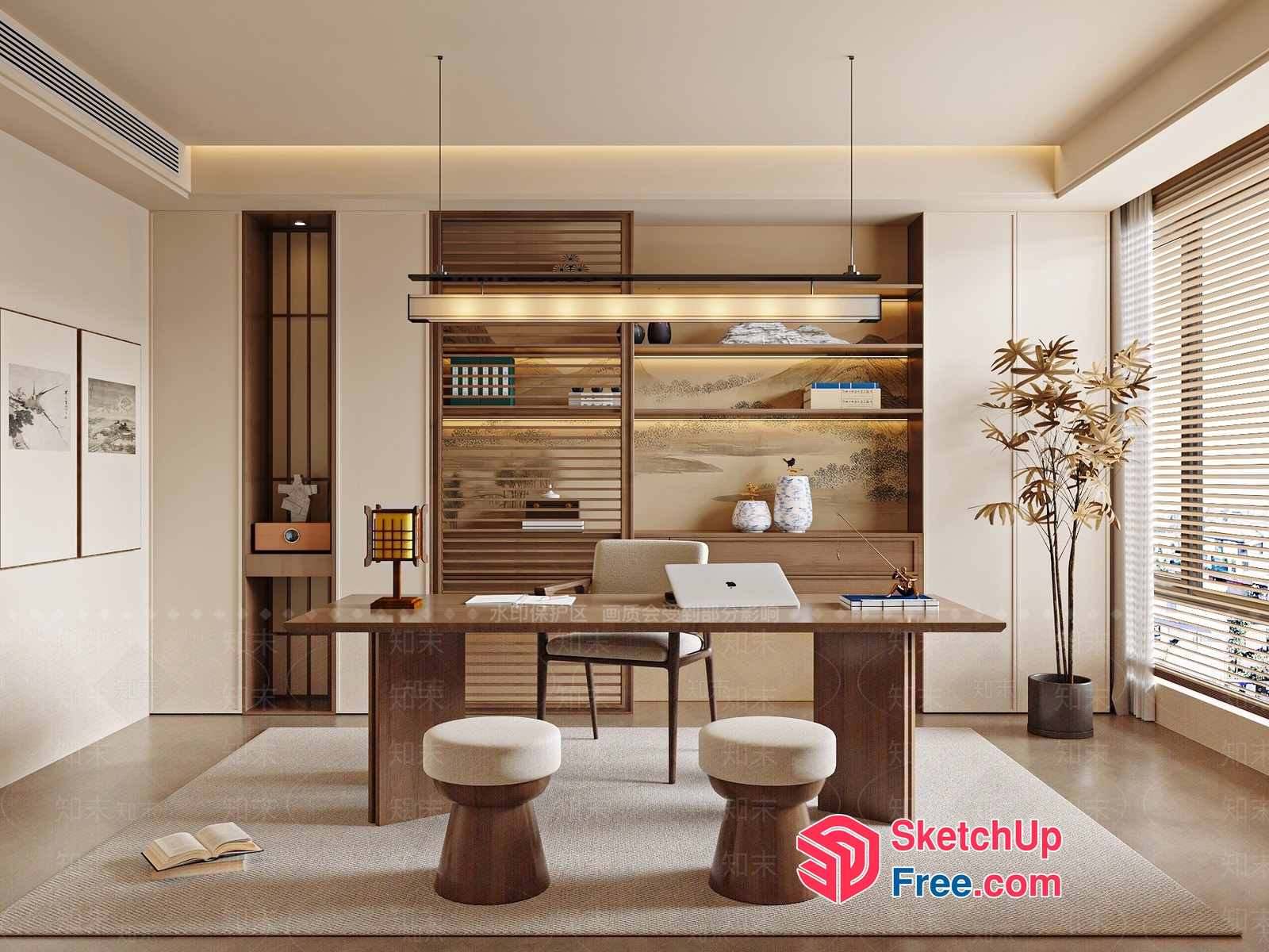Elegant Minimalist Office Space With Japanese Decor 3D SketchUp File
