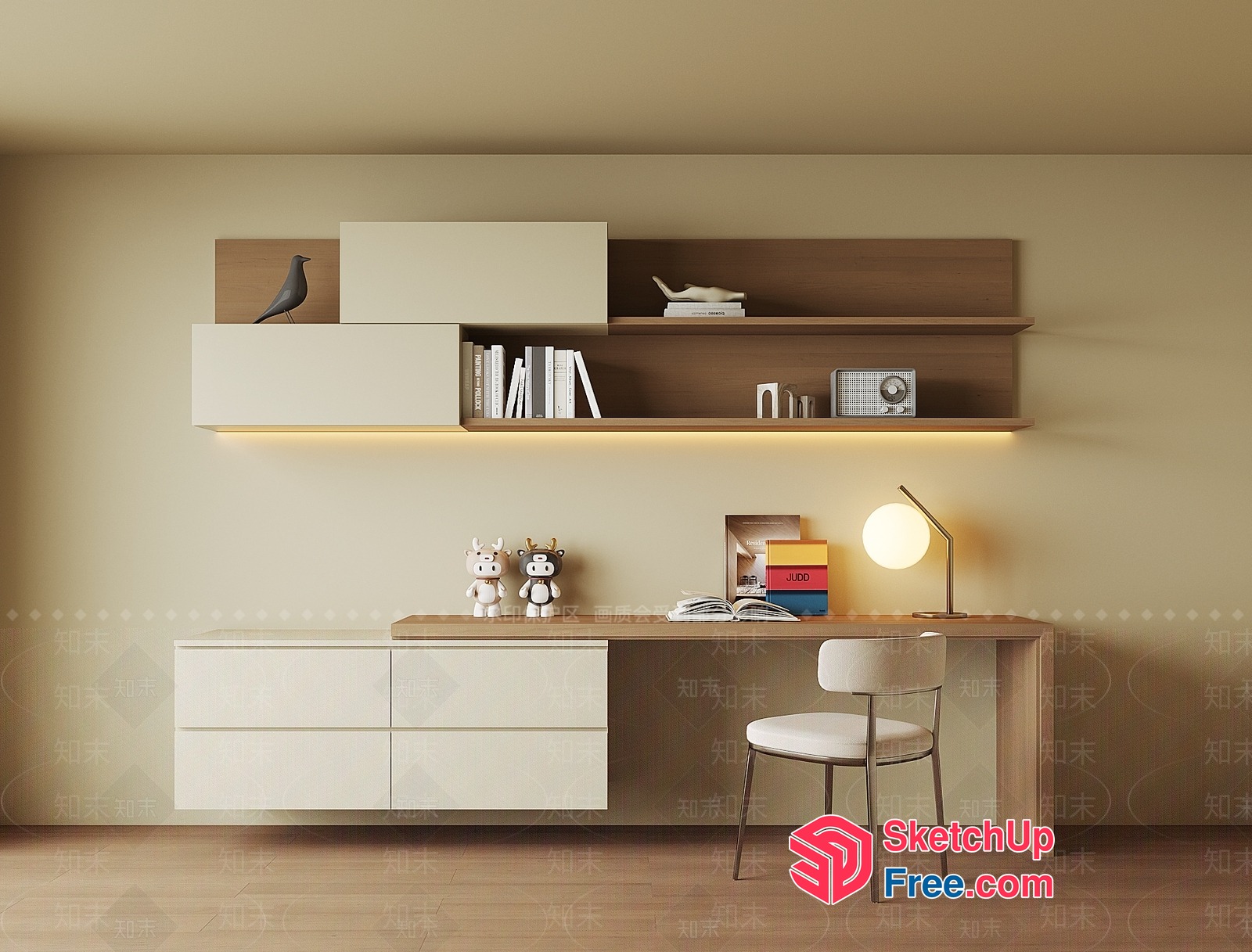 Modern Minimalist Desk And Shelf Arrangement 3D SketchUp File