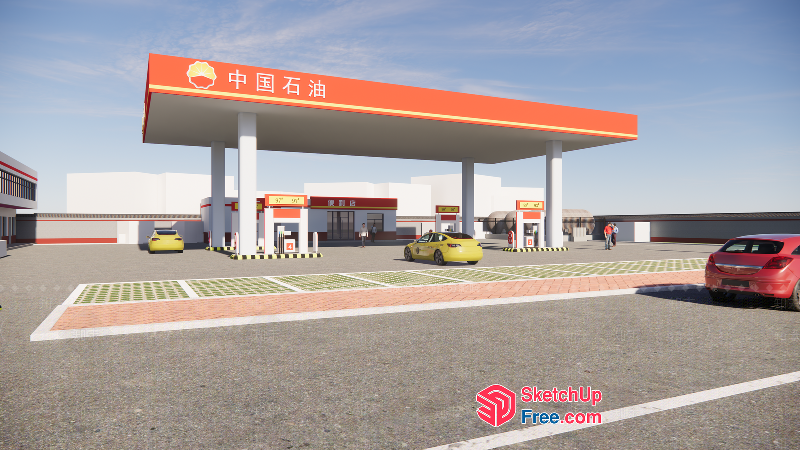 Gas Station Exterior With Pillars And Red Roof 3D SketchUp File