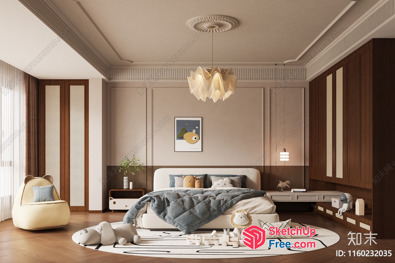 Modern European Style Bedroom With Creamy Style Decor 3D SketchUp File