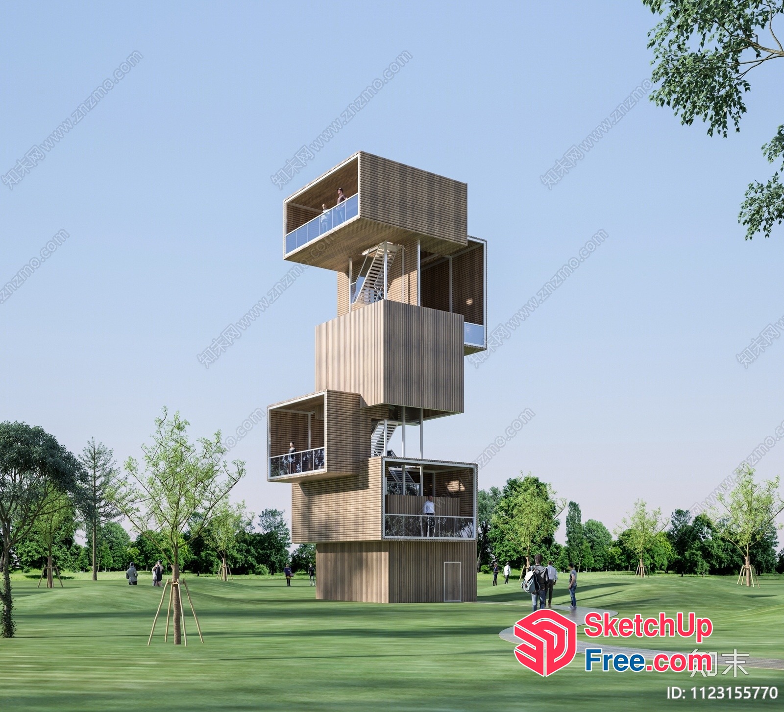 Modern Wood Tower Structure With Balconies And Stairs 3D SketchUp File