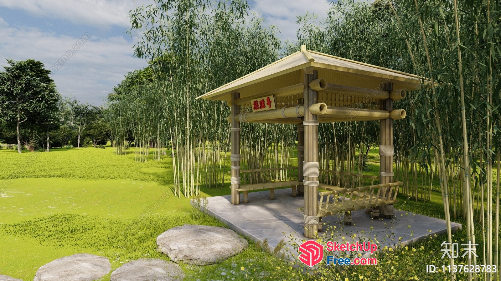 Serene Bamboo Gazebo In A Lush Green Landscape 3D SketchUp File