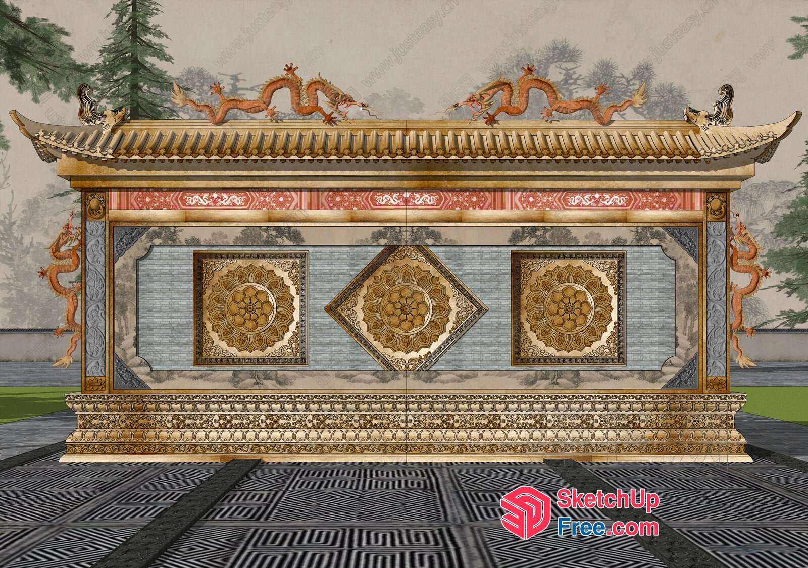Traditional Asian Temple Roof With Ornate Carvings And Decorations 3D SketchUp File