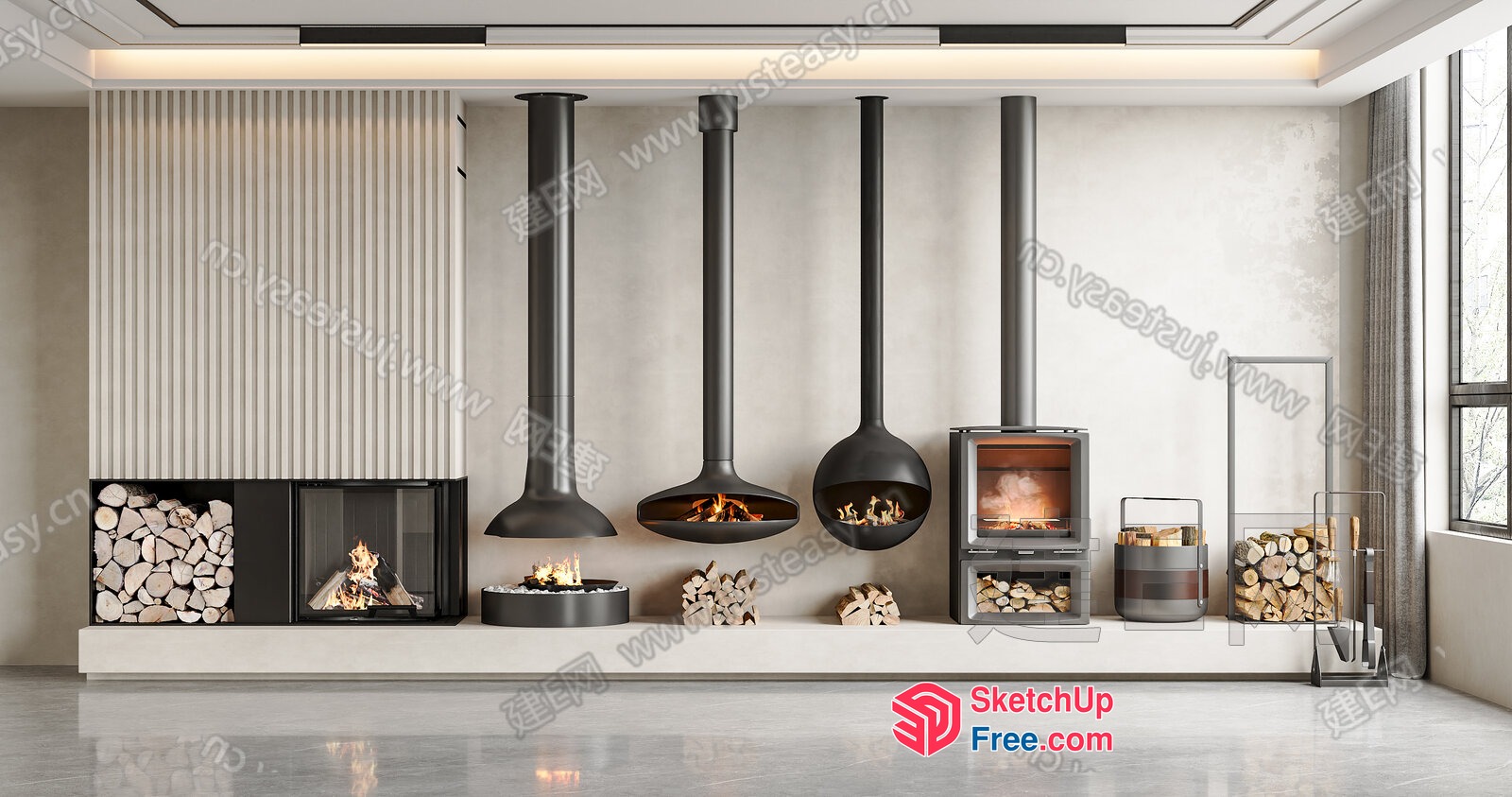 Modern Fireplace Design With Hanging And Wall-Mounted Options 3D SketchUp File
