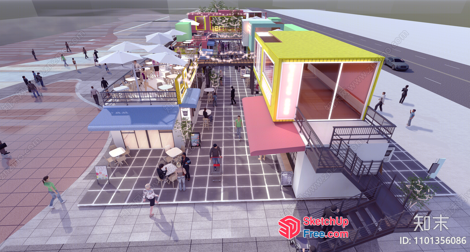 Aerial View Of A Commercial Street With Various Buildings And Shops 3D SketchUp File