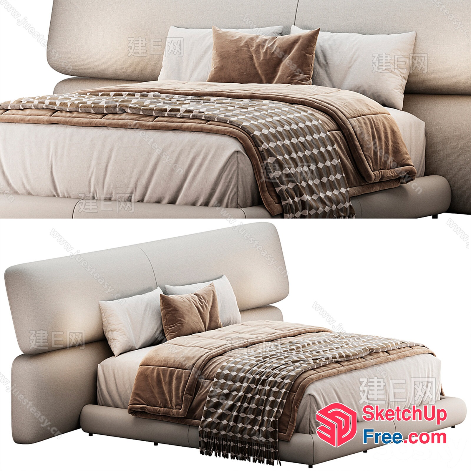 Modern Beige Bed With Pillows And Blanket 3D SketchUp File