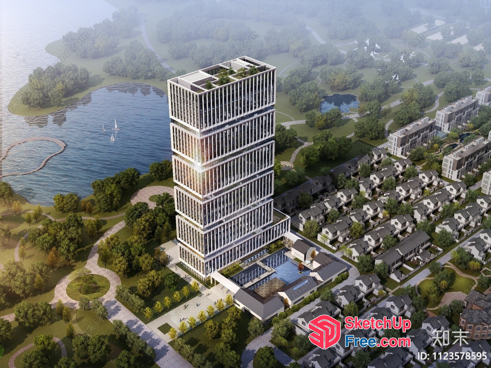 Modern Glass Curtain Wall Office Building With Green Spaces 3D SketchUp File