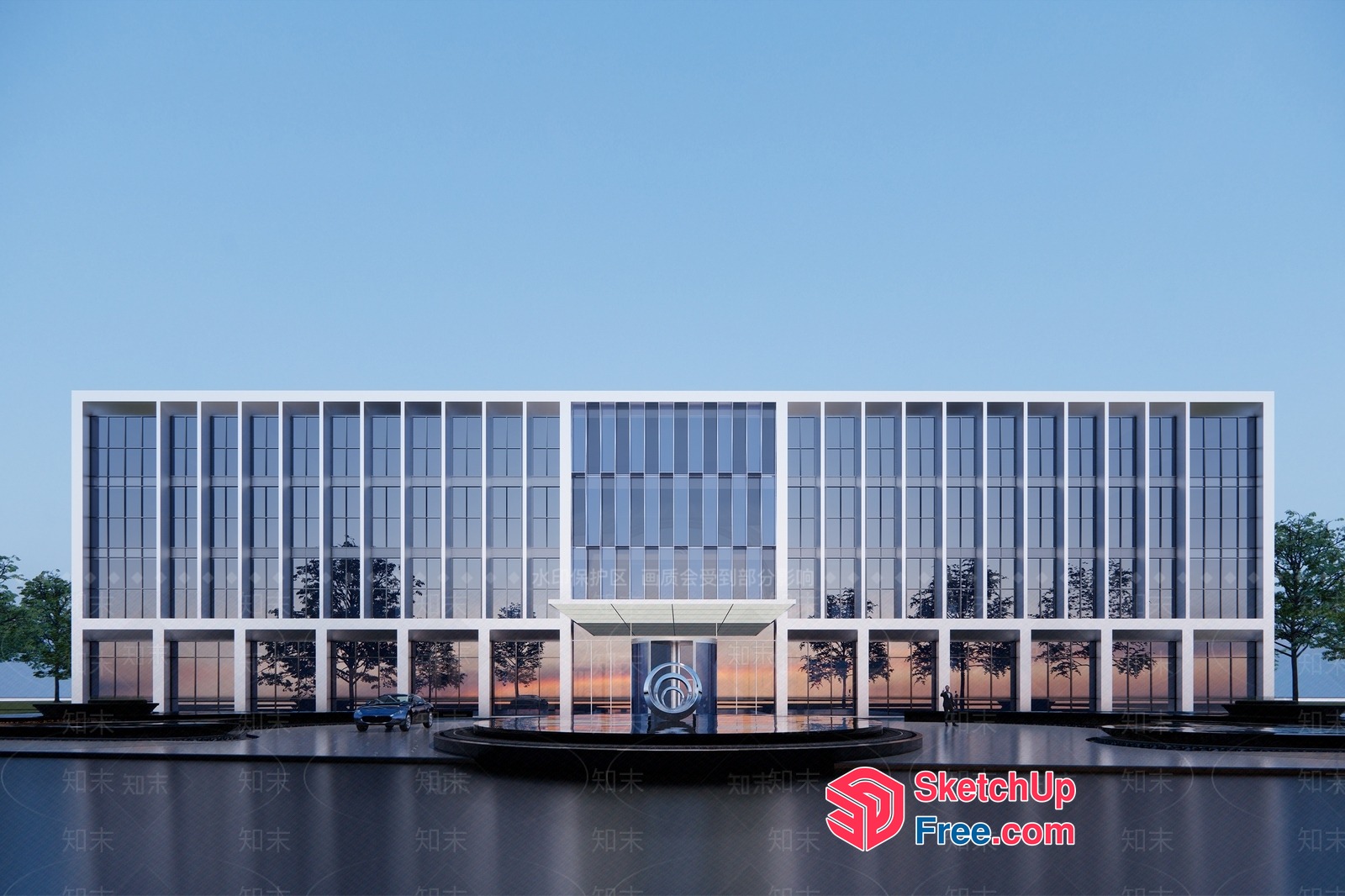 Modern Office Building With Large Glass Windows And Fountain 3D SketchUp File