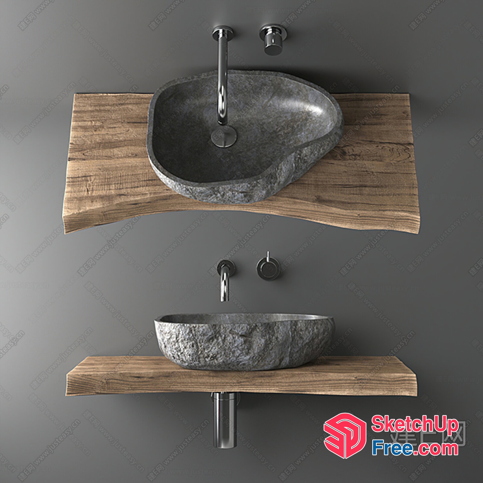 Two Sinks On Wooden Shelves 3D SketchUp File