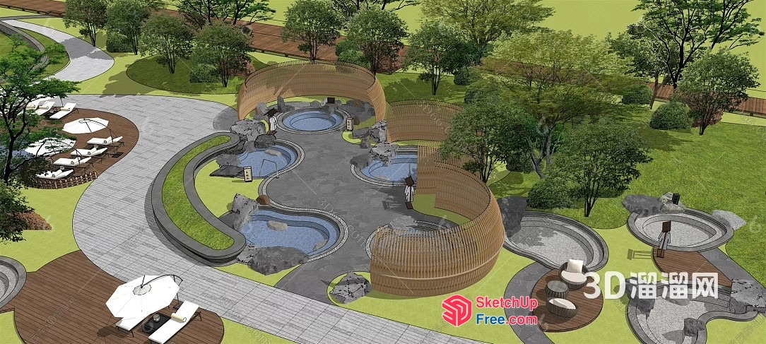 Aerial View Of A Serene Outdoor Park With Water Features 3D SketchUp File