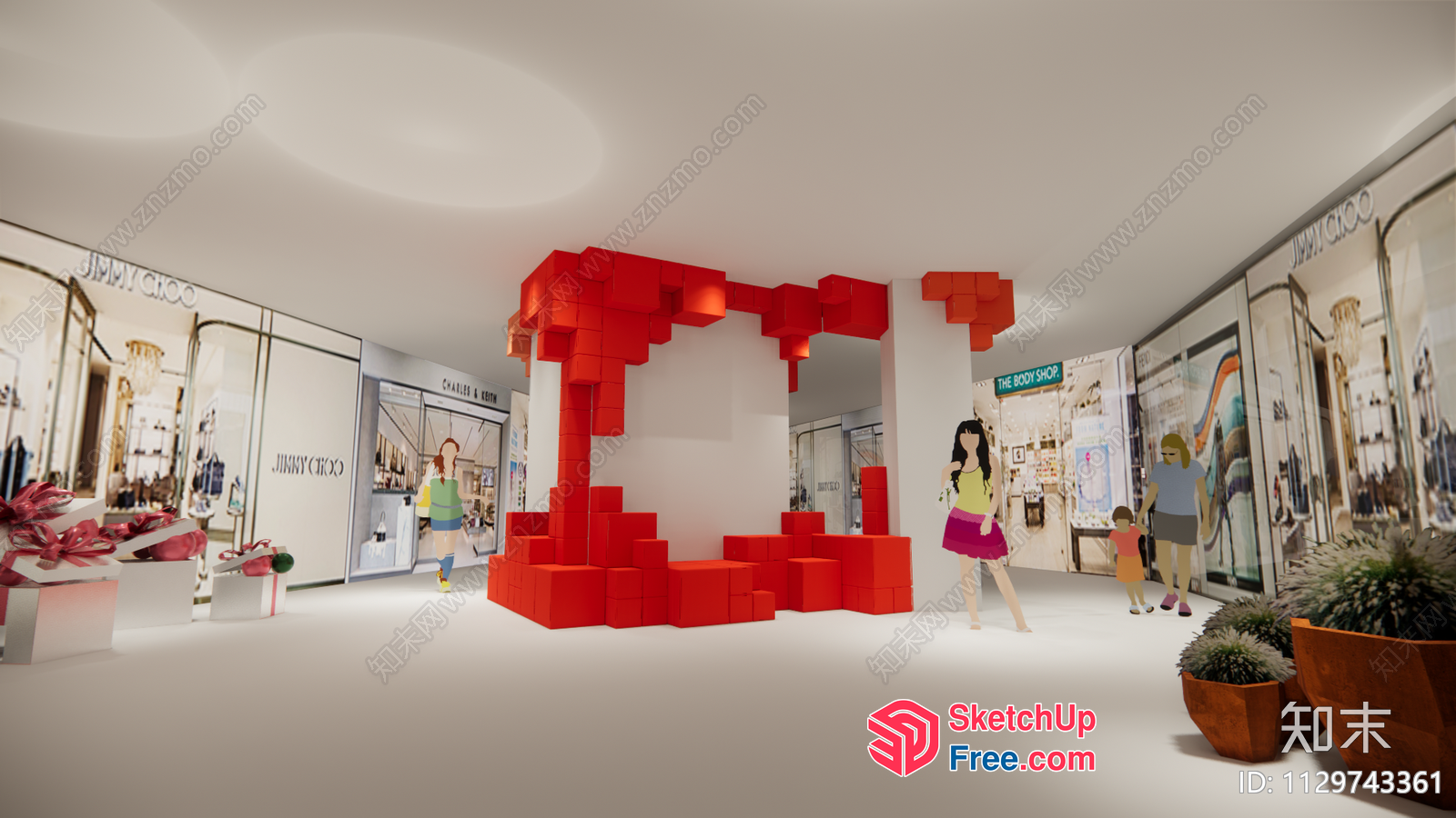 Modern Interior Design With Red Pillars And Stairs 3D SketchUp File