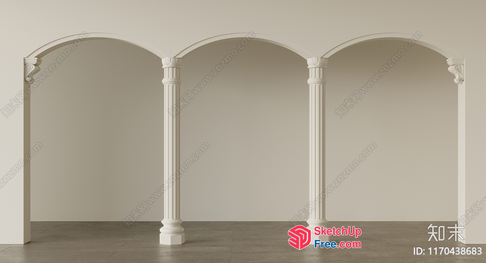 Three White Pillars In An Empty Room 3D SketchUp File
