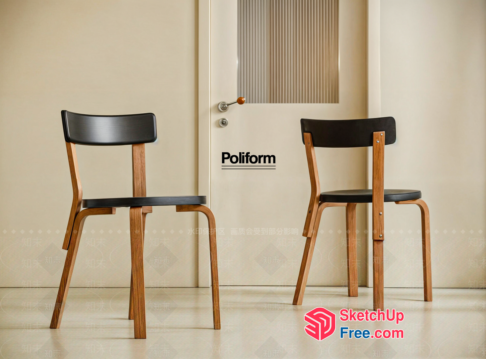 Two Chairs Facing Each Other In Front Of Door 3D SketchUp File