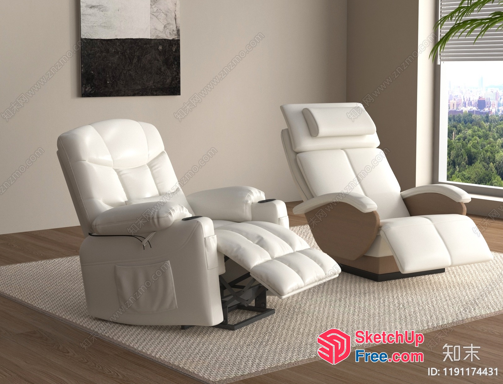 White Leather Recliner Chairs In Modern Living Room Setting 3D SketchUp File