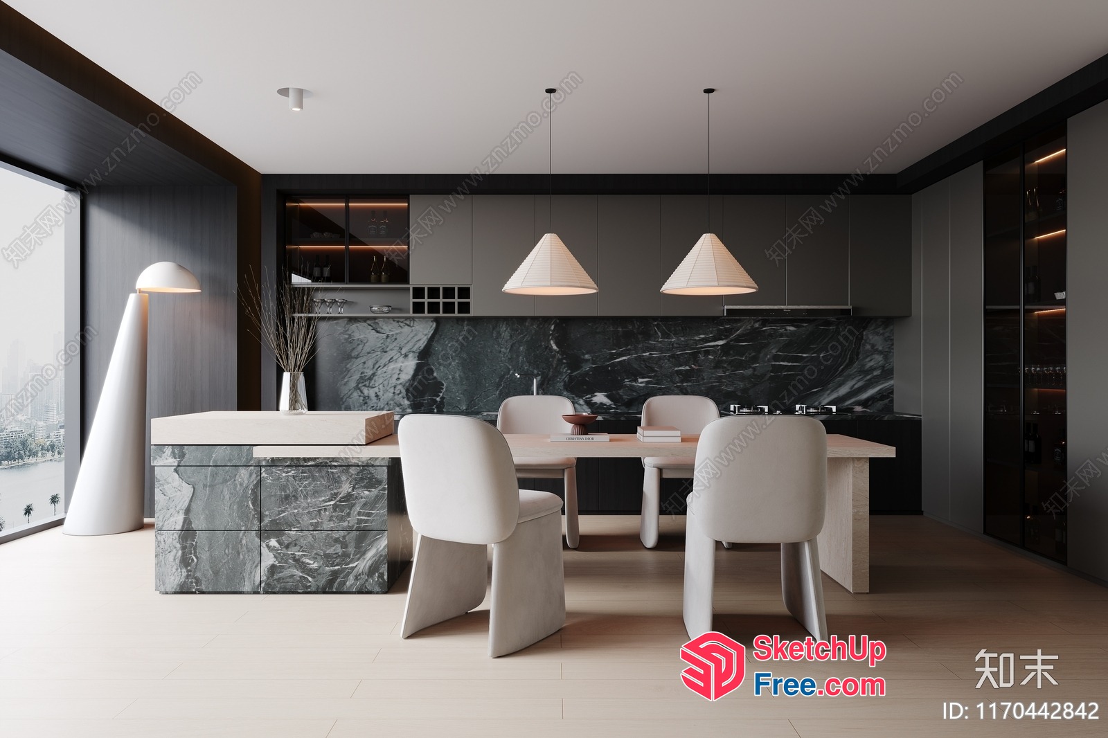 Modern Minimalist Dining Room With White And Gray Furniture 3D SketchUp File