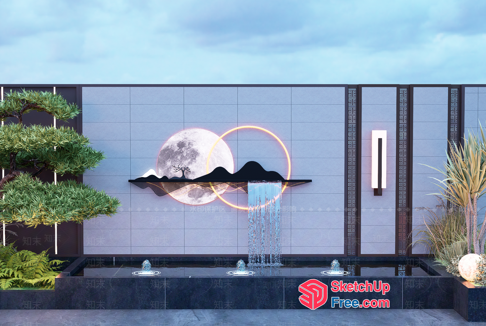 Elegant Japanese-Inspired Waterfall Wall 3D SketchUp File