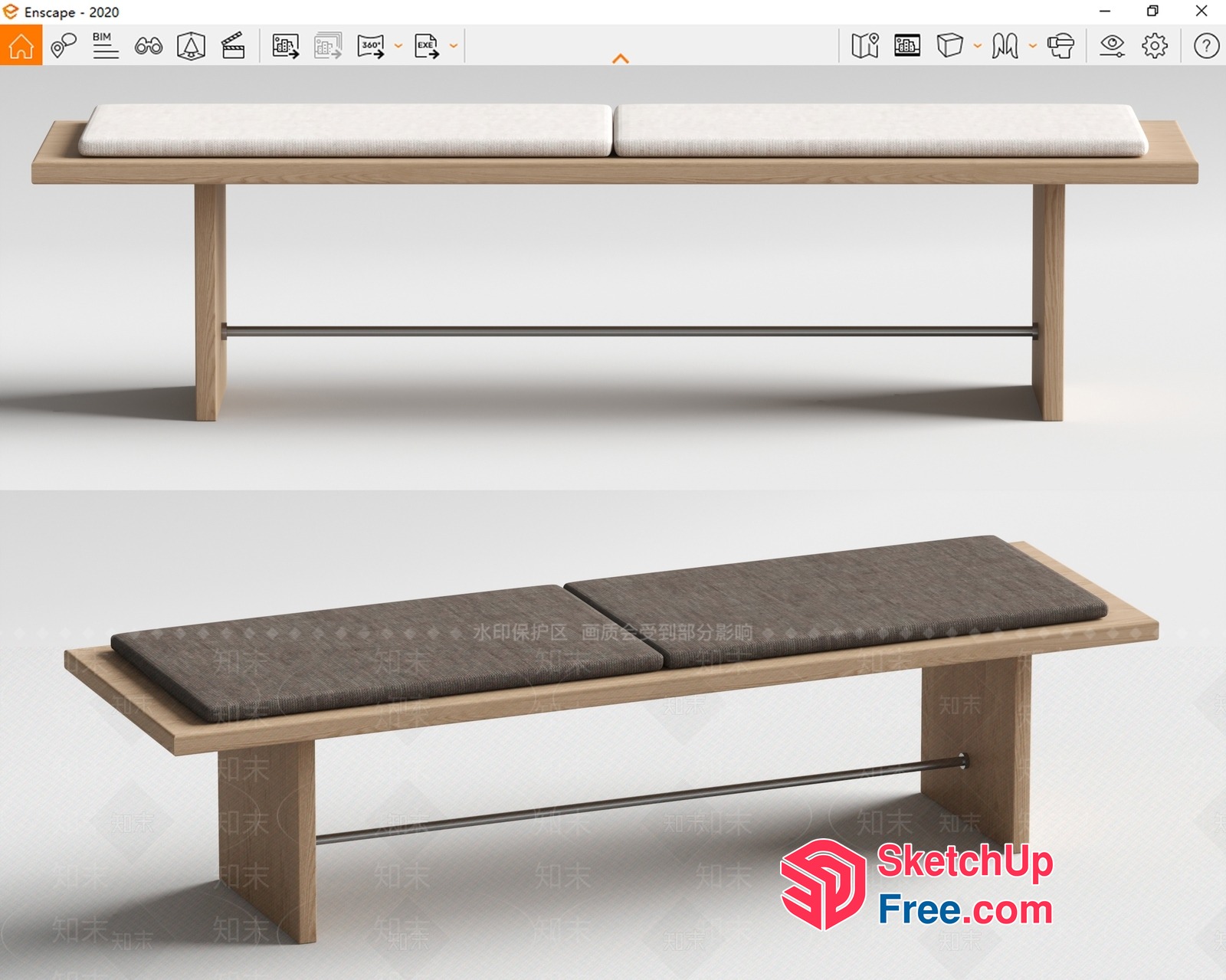 Long Wooden Bench With Cushions 3D SketchUp File