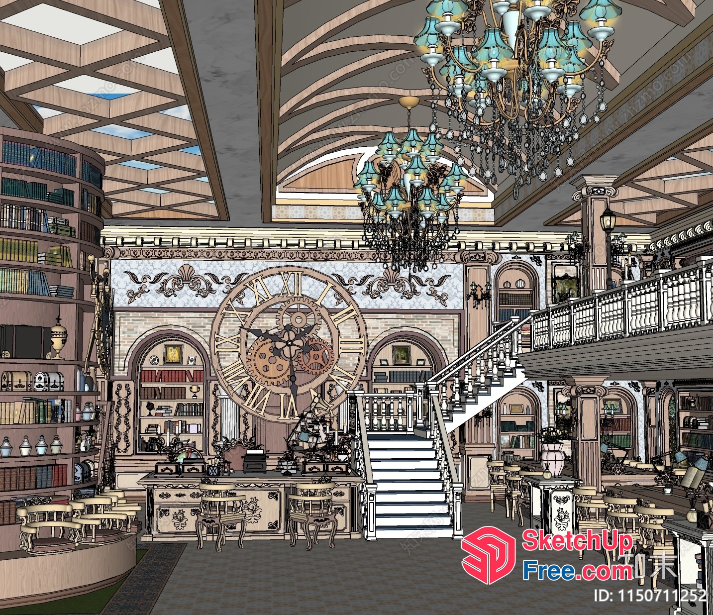 Elegant Library Interior With Classic Staircase And Ornate Decor 3D SketchUp File
