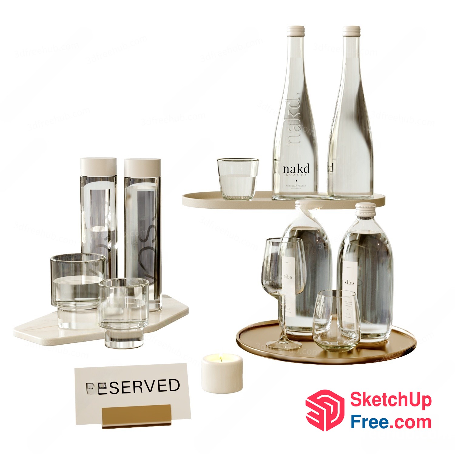Water Bottles And Glasses On Trays 3D SketchUp File