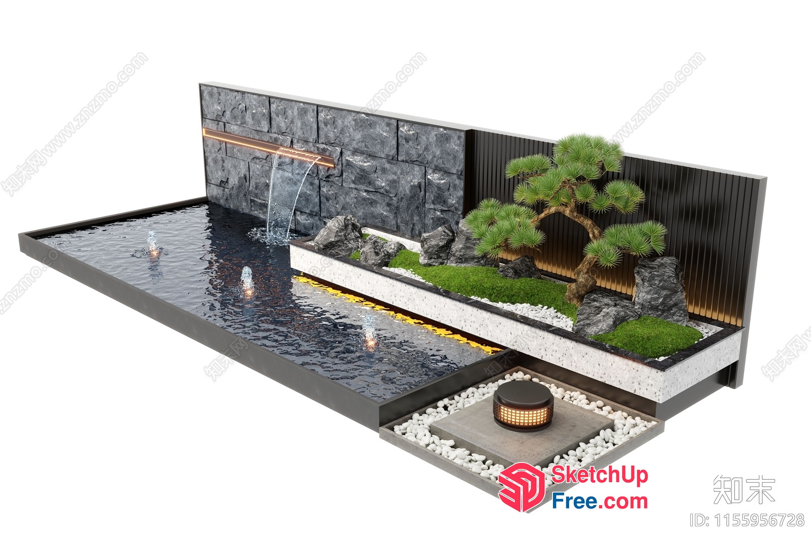 Modern Japanese-Inspired Water Feature And Garden Scene 3D SketchUp File