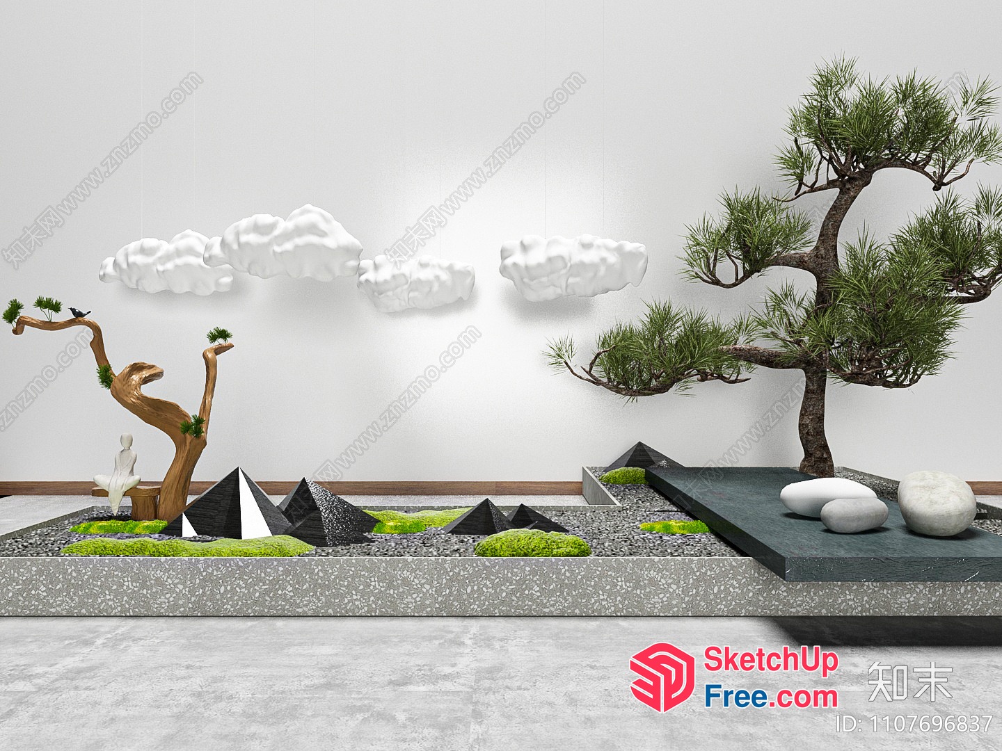 Minimalist Japanese-Style Garden With Pyramid Decorations 3D SketchUp File