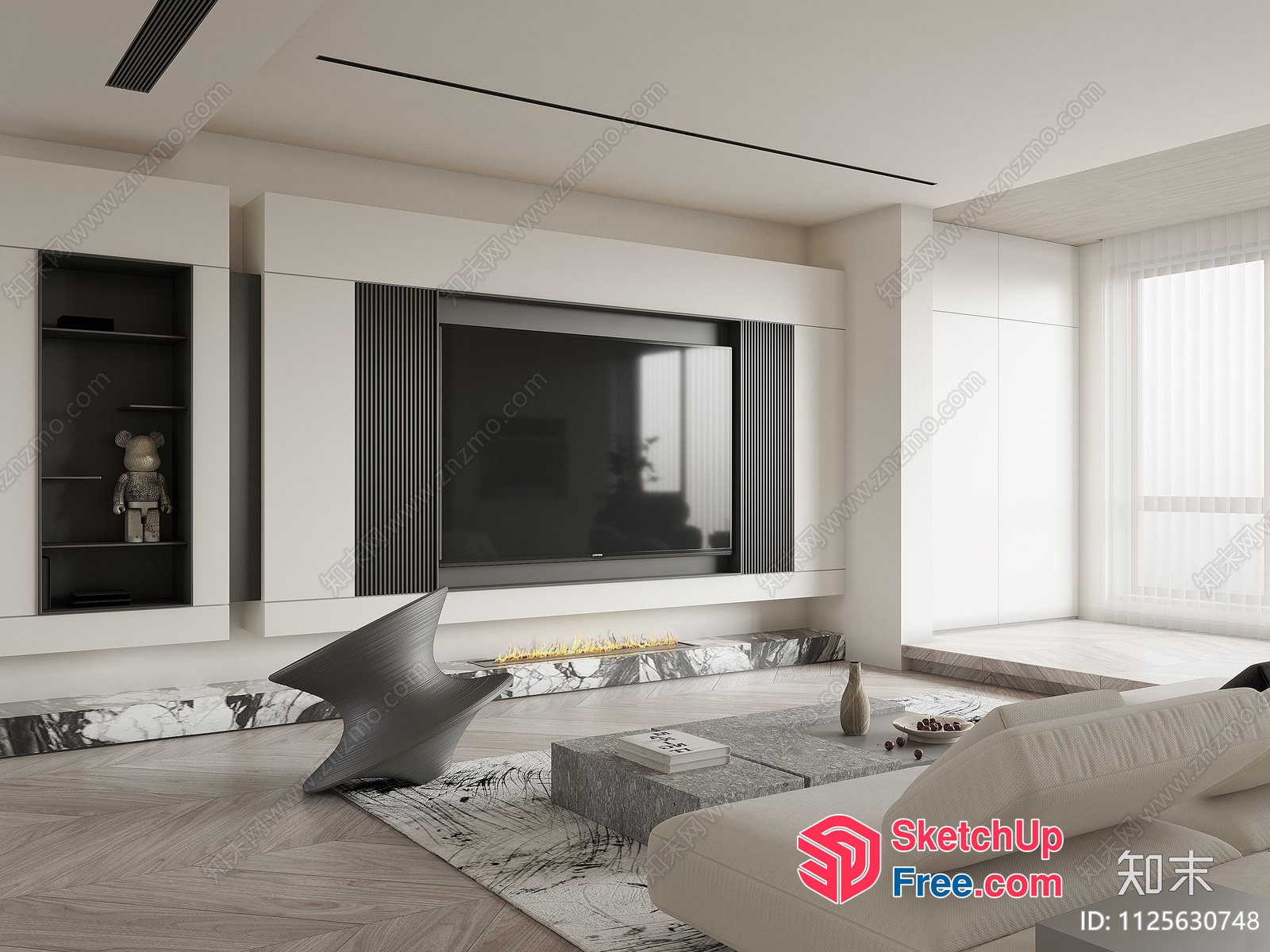 Modern Living Room With Fireplace And Flat Screen Tv 3D SketchUp File
