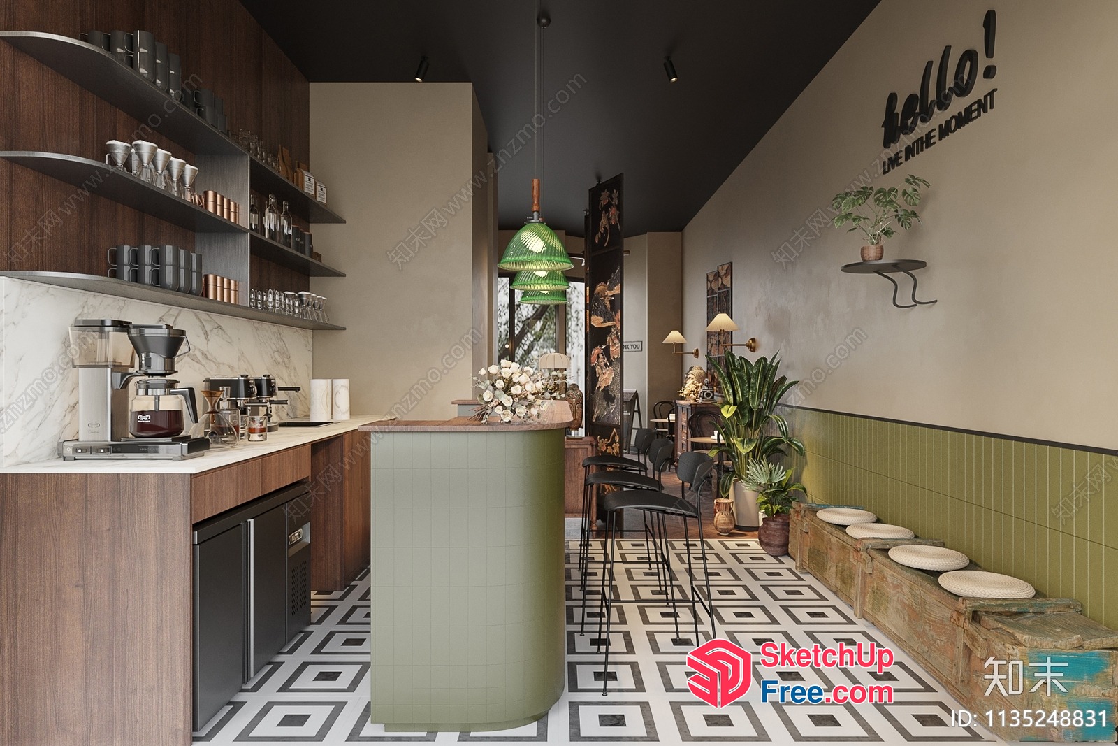 Modern Coffee Shop With Green Accents And White Marble 3D SketchUp File
