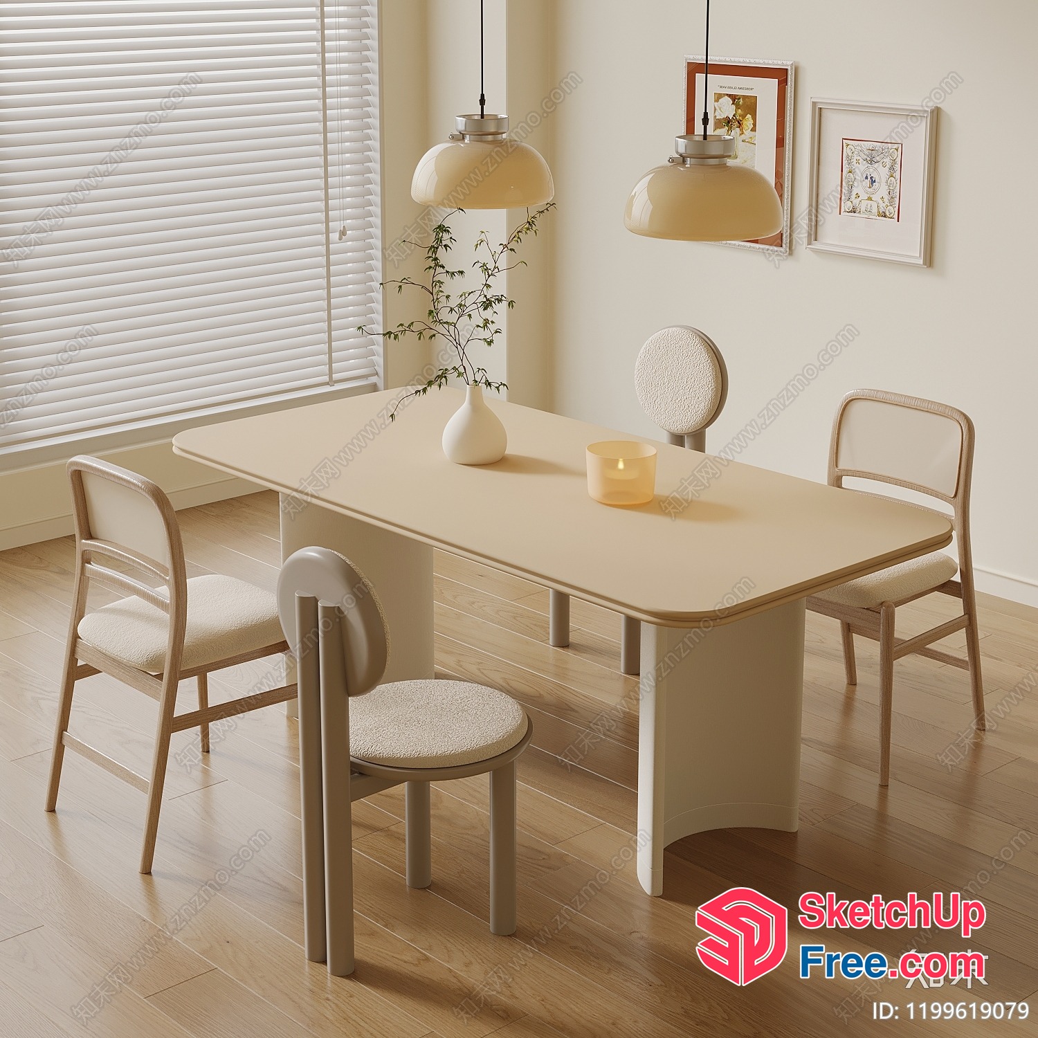 Creamy-Beige Minimalist Dining Room Interior 3D SketchUp File