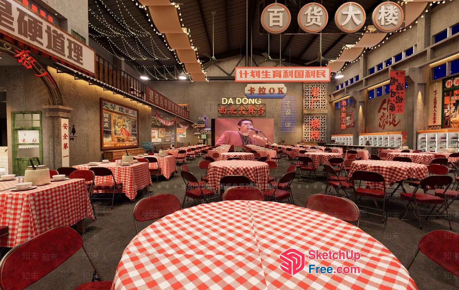 Asian Restaurant With Traditional Red And White Checkered Tablecloths 3D SketchUp File