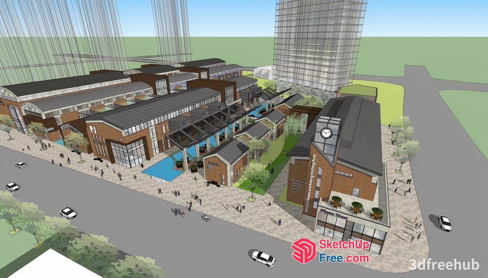 3D Architectural Rendering Of A Commercial Street With Buildings And Green Spaces 3D SketchUp File