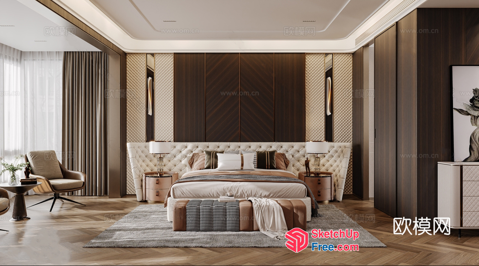 Luxurious Modern Bedroom With Creamy Style And Vintage Accents 3D SketchUp File