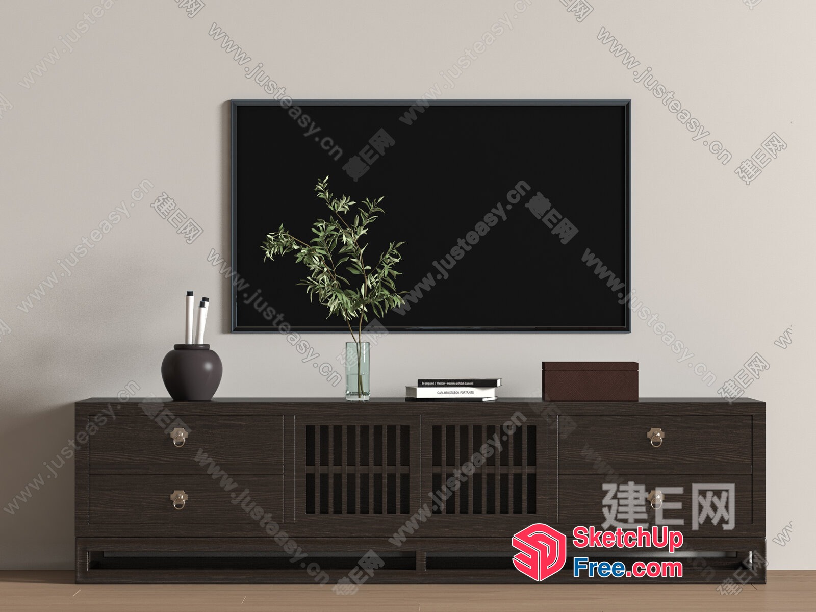 Tv Cabinet With Dark Wood Finish And Decorative Elements 3D SketchUp File