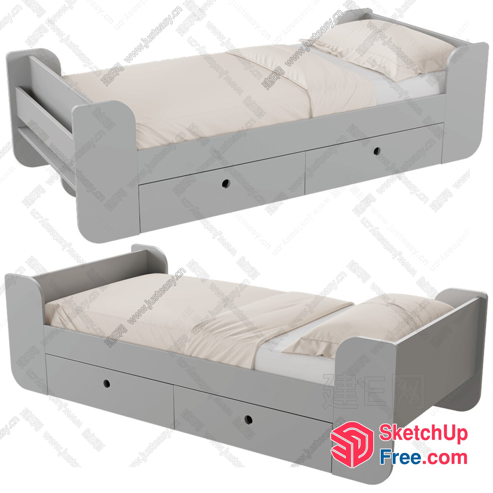 Modern Grey Twin Beds With Storage 3D SketchUp File