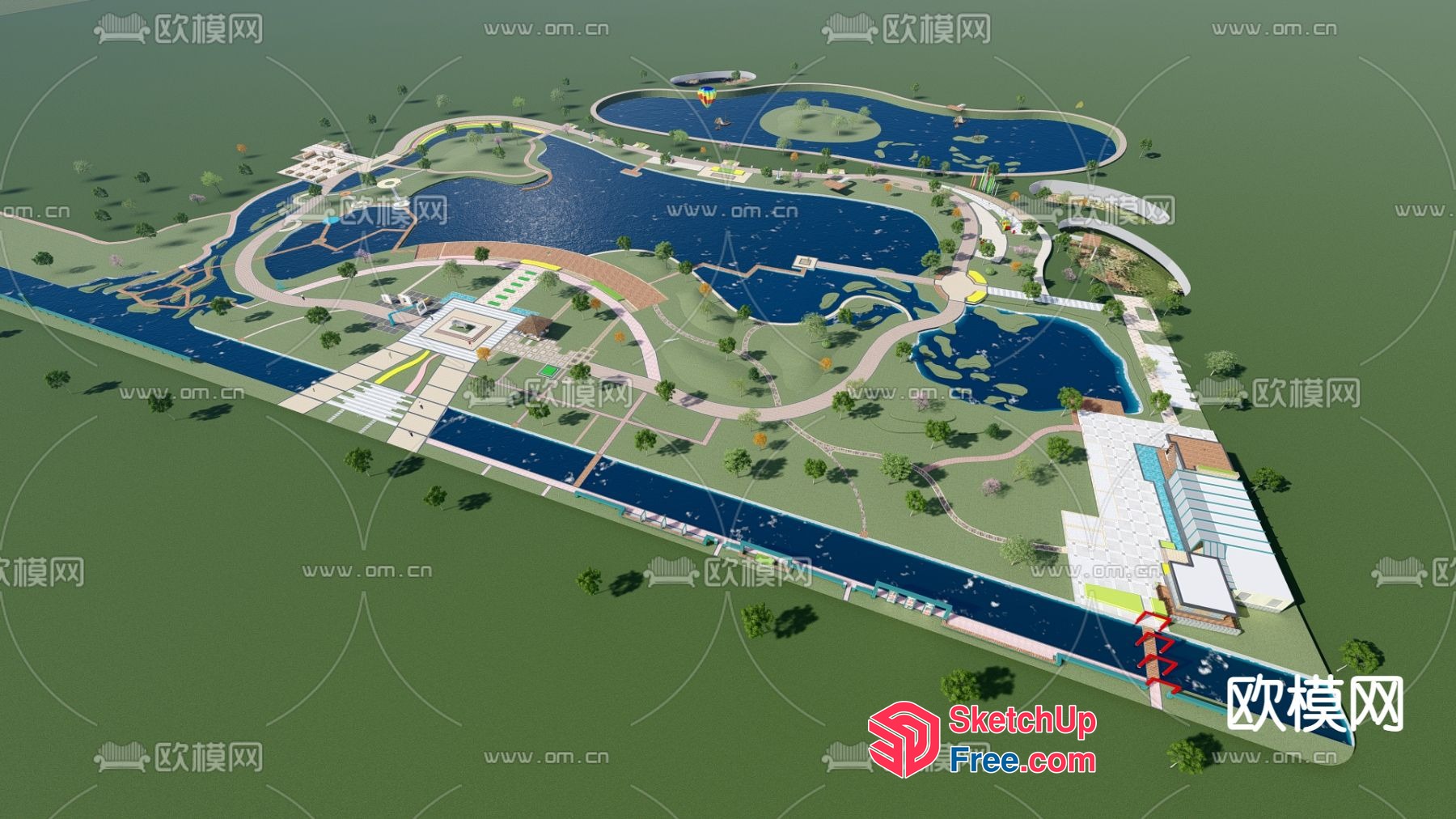 Aerial View Of A Serene Park With Lakes And Walking Paths 3D SketchUp File