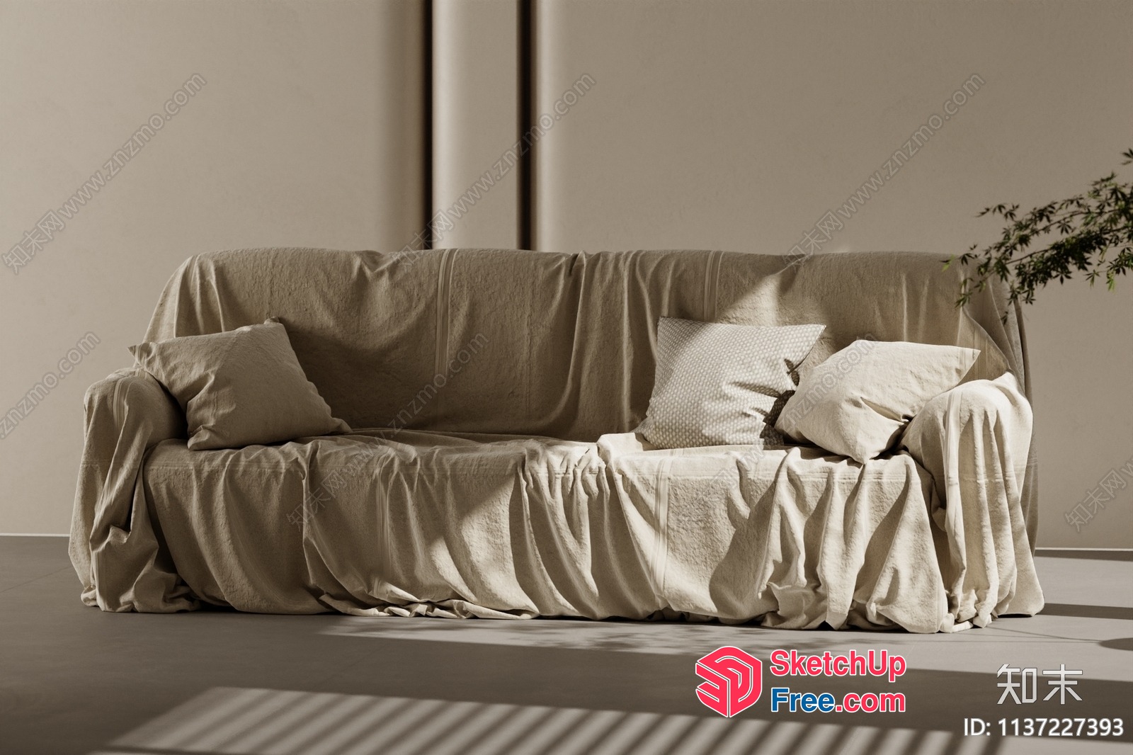 Beige Sofa With Pillows And Sunlit Floor 3D SketchUp File