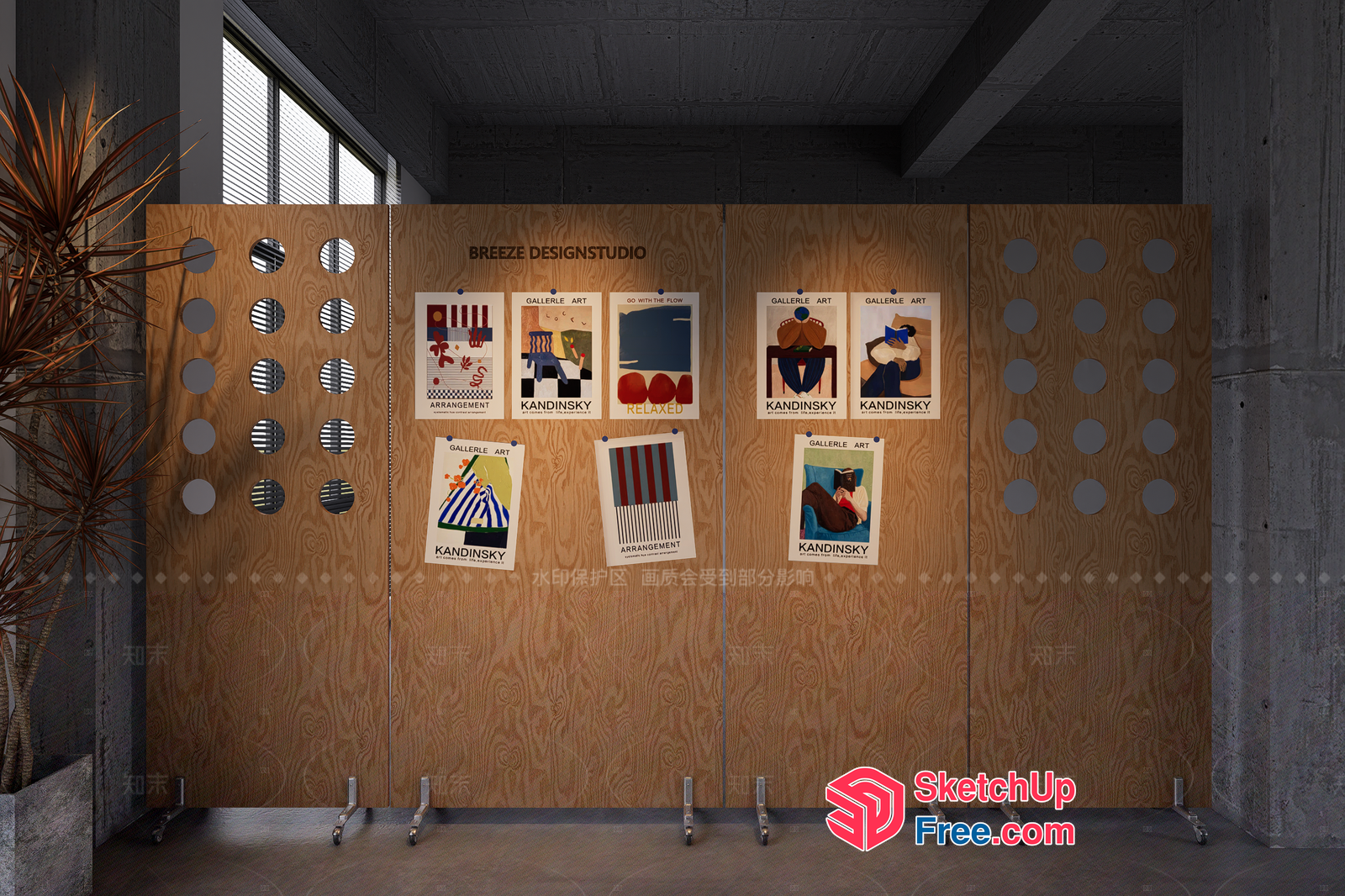 Modern Wood Partition Screen With Artistic Posters 3D SketchUp File