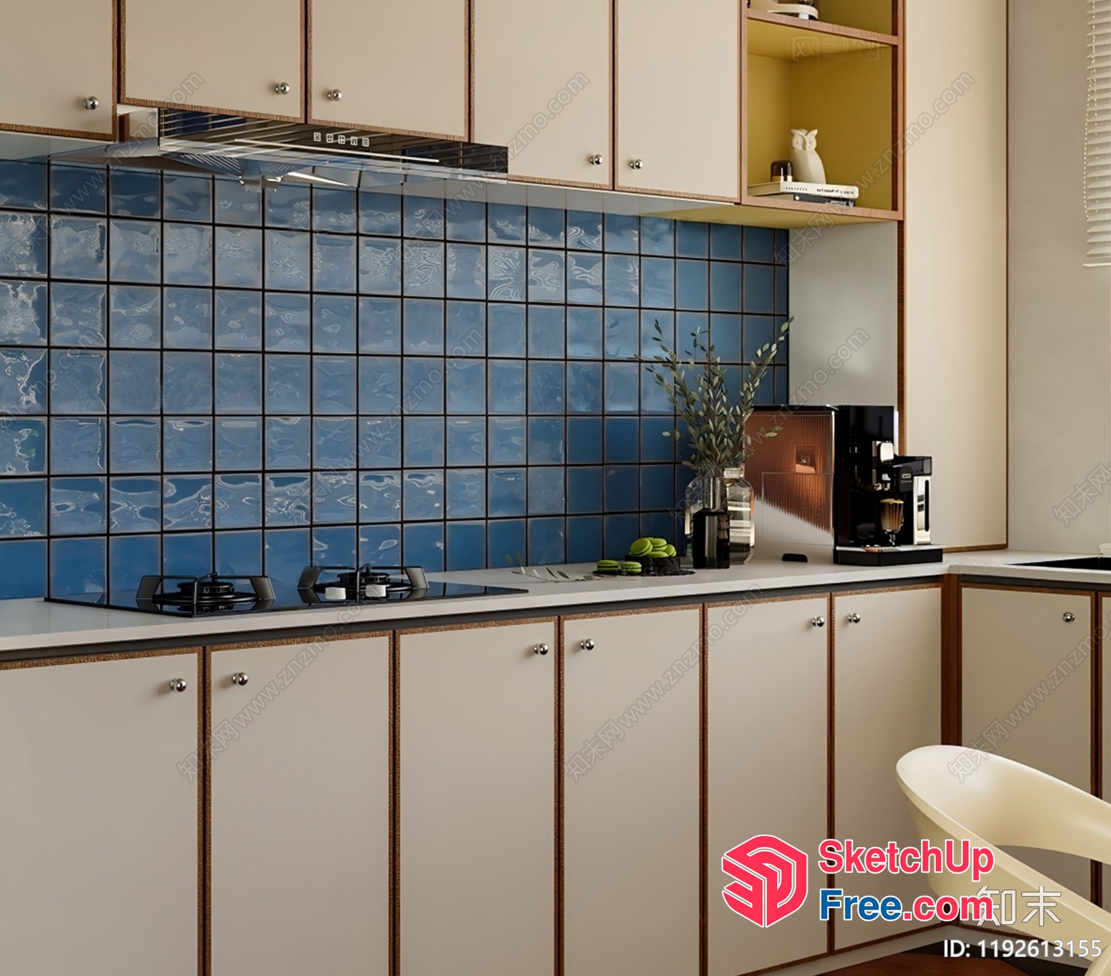 Modern Kitchen With Blue Tiles And White Cabinets 3D SketchUp File