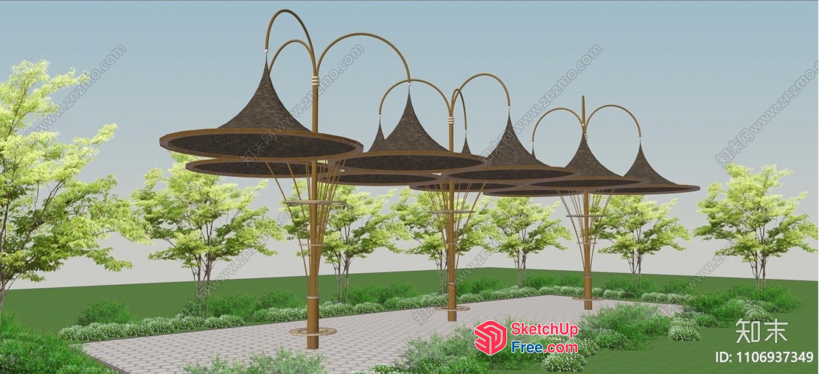 Outdoor Pavilion With Unique Roof Design And Paved Pathway 3D SketchUp File