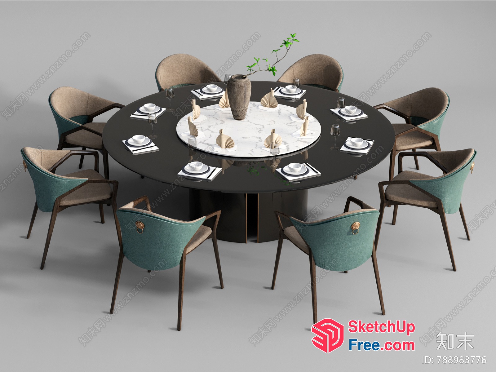 Round Table With Marble Center And Eight Chairs 3D SketchUp File