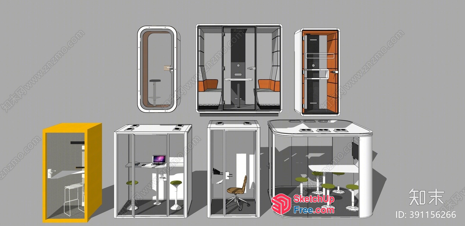 Modern Office Pods With Glass Walls And Desks 3D SketchUp File