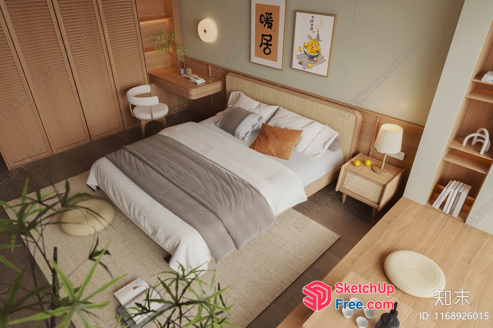 Japanese Style Bedroom With Natural Wood Accents 3D SketchUp File