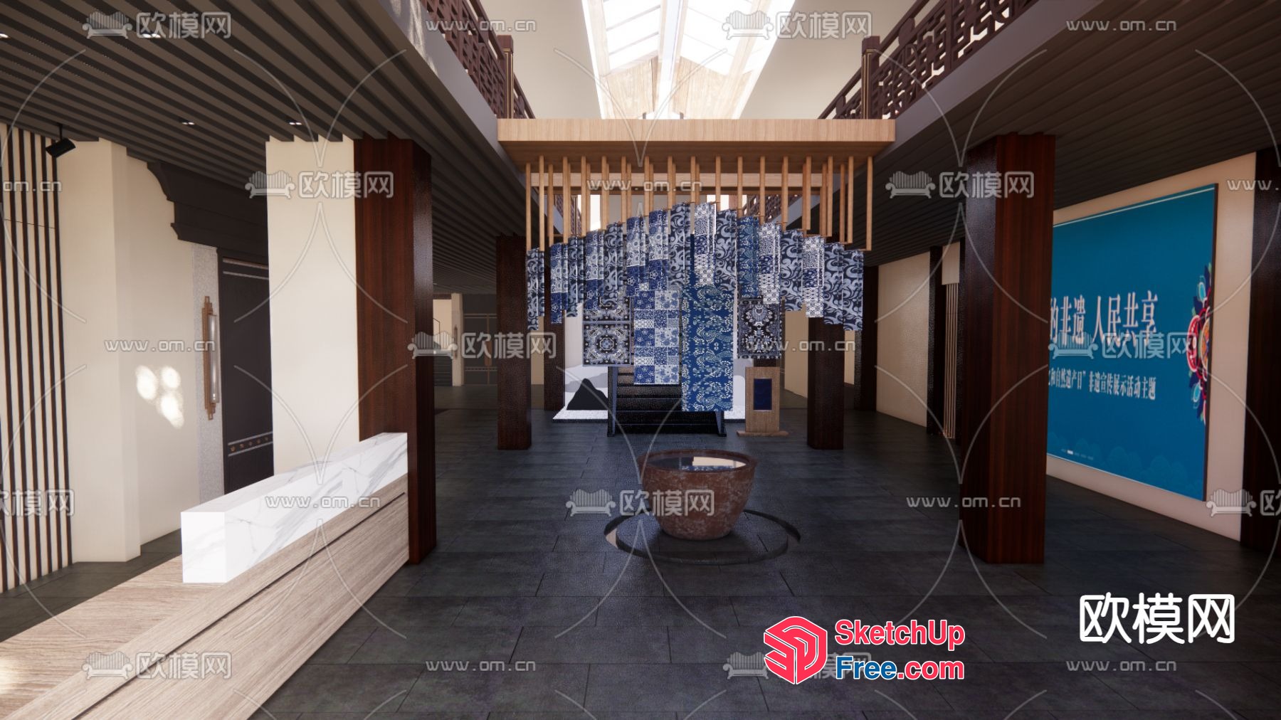 Modern Staircase With Blue Patterned Curtains 3D SketchUp File